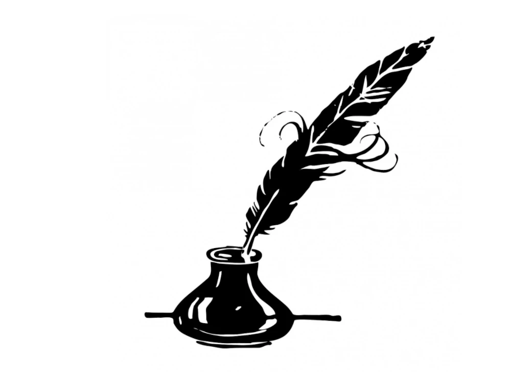 Black and white illustration of an ink pot and quill.