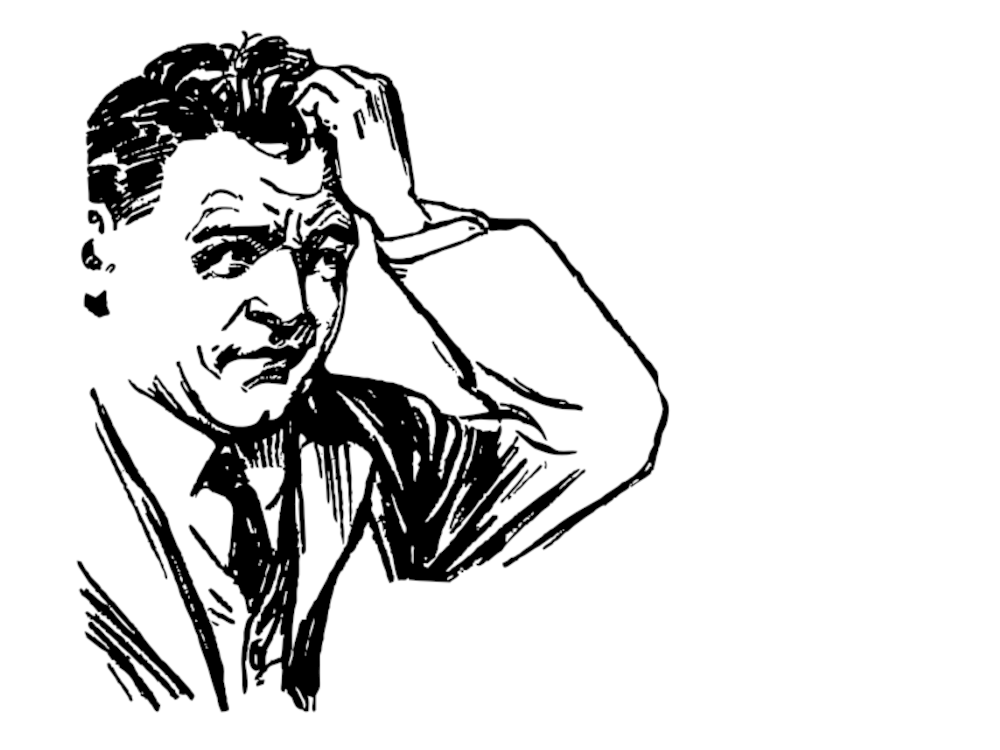 Ink drawing of a man scratching his head in confusion.